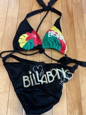 Billabong Y2K Bikini Set Black Triangle Halter Tie Side Swim Beach Floral READ*